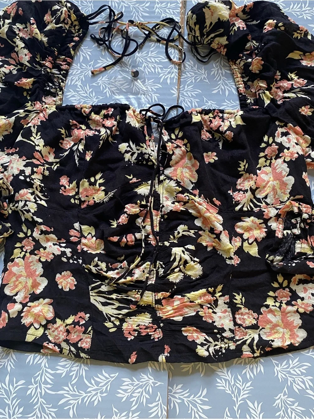 Free People Black Floral Puff-Sleeve Corset Top